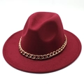 British style wide brim wine red wool felt fedora hat featuring a gold chain band - Burgundy