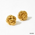Polished gold rose stud earrings crafted from stainless steel with textured petals - Gold Rose Flower Earrings D2496