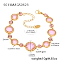 Gold stainless steel bracelet with faceted pink Czech glass and zircon stones - Round-Gold Pink Zircon (S011)