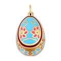 Macro detail of gold-plated enamel egg pendant with blue base and pink floral patterns - Pendant 13: / 23.2*15.5*15mm / Pendant