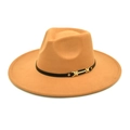 Detail of camel wool fedora hat featuring a black leather band and gold metal buckle - M (56-58cm) / Camel