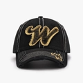 Black baseball cap featuring gold embroidered W patch and vintage distressed edges - Black (24A226)