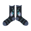 Detail of floral and rabbit pattern on black retro crew socks with scalloped edges - One Size / Rabbit and Grass (Black)