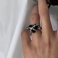 Thorn heart ring in silver finish with black gemstone and adjustable open band design - Thorn Black Heart Single Ring / Antique Silver