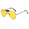 Vintage zilveren aviator zonnebril met gele glazen en bruine leren brugdetail - Zilveren Frame Gele Glazen