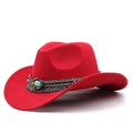 Red felt cowboy hat with ethnic woven band, beads, turquoise stone and grey tassels - M (56-58cm) Adjustable / 08 Red