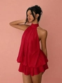 Vibrant red halter neck chiffon mini dress with tiered ruffled layers for summer - XS / Red