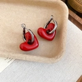 Elegant red heart-shaped drop earrings with silver pins and metallic hoops - 66# Silver Earring Post - Red