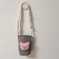 Grey quilted cloth cup sleeve bag with pink plush bear head and beige shoulder strap - Grey/Pink Bear