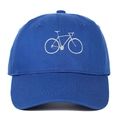 Detailed close-up of blue cotton baseball cap with white bicycle embroidery on front - Sapphire Blue
