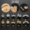 Flat back stainless steel piercing studs set featuring zirconia flowers and drop designs - Style 5 / Gold