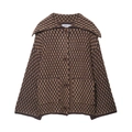 Women's knit jacket with brown geometric pattern, large collar and relaxed silhouette - S / Coffee Plaid