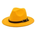Close-up of yellow wool felt fedora with brown leather belt and gold buckle detail - M (56-58cm) / Yellow
