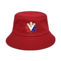 Detailed view of dark red cotton bucket hat with sun and stars embroidery on front - M (56-58cm) / Red