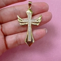 Gold winged cross pendant with clear cubic zirconia stones shown on hand display - Angel Wings Cross / Gold