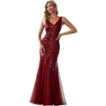 Abito da sera bordeaux senza maniche con scollo a V, paillettes e orlo a sirena in tulle - US size 2 / Borgogna