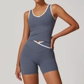 Women's cross high waist yoga set in grey blue with white trim and slim fit shorts - S / Top And Bottom / Blue Gray (Vest + Shorts)