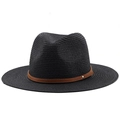 Close-up of black Panama hat texture with brown faux leather belt and gold studs - Black
