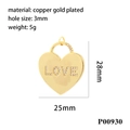 Detailed view of gold-plated heart lock pendant with LOVE zircon inlay and size dimensions - P00930