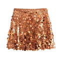 Chic rose gold sequin A-line mini skirt with metallic round paillettes on white background - XS / Gold