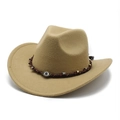 Detail of khaki cowboy hat featuring woven band with evil eye and metal accents - M (56-58cm) / Camel