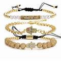 Parure de 3 bracelets main de Fatma dorés avec zircons micro-pavés et perles - Ensemble de 3 Bracelets Thème Or