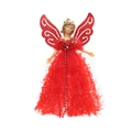 Detail of red tinsel Christmas angel topper with glitter wings and bead decorations - Standing Angel / Red