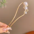 Épingle à cheveux en U dorée élégante, ornée de trois perles et de strass scintillants - Épingle à Cheveux en U Dorée avec Perles Artificielles Trapézoïdales et Strass (37#)
