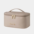 Beige cross-grain faux leather cosmetic bag with gold zippers and top handle - Braun Brown
