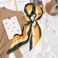 Retro French striped silk scarf in green and orange styled with chic fashion accessories - #417 Fine Stripe Army Green Yellow