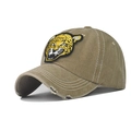 Detail of khaki baseball cap featuring embroidered leopard head and distressed brim accents - M (56-58cm) / Leopard Khaki