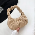 Minimalist beige ruched crescent handbag with cloud-like pleats in glossy PU leather - Khaki