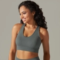 Dark grey ribbed high-impact seamless yoga sports bra with wide straps and U-neckline - S / Tops / Dark Gray
