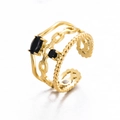 Gold stainless steel multi-layer open ring featuring black zircon chain design - Gold/Black