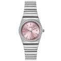 Reloj de cuarzo plateado para mujer con esfera rosa, bisel de cristales y función de fecha - Caja Plateada Esfera Rosa