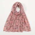 Pink voile scarf featuring elegant grey and white floral prints on a white background - Pink Grey White Floral