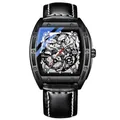 Orologio al quarzo scheletrato tonneau da uomo con cinturino in pelle nera e ingranaggi - Nero/Nero