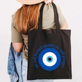 Black canvas tote bag with Greek Evil Eye print and circular text detail on shoulder - Design H-Circle Text Eye-Black