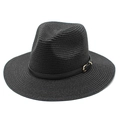 Detail of black woven straw fedora with fine texture and leather band with gold buckle - M (56-58cm) / Black