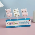 Set of 6 pink and white cat-shaped birthday candles with gold star and bow details - White Cat