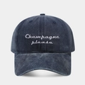 Retro washed denim baseball cap with white Champagne Please embroidery and curved brim - Adjustable / Navy Blue