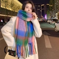 Thick colorful plaid mohair scarf with fringes in blue, pink and green tones - Pink Blue Green Multi