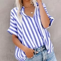 Women's blue and white vertical striped short sleeve V-neck button-up blouse - S / Denim Blue