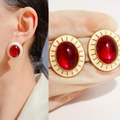 Vintage style oversized red gemstone stud earrings with gold filigree and white enamel - Vintage Red Gold Radial Pattern (Style 4)