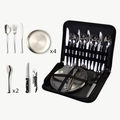 Outdoor camping stainless steel cutlery set with plates and tongs in a black zip pouch - Silver 20-Piece Set