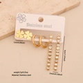 3-pair gold stainless steel earrings set featuring clover studs and long rhinestone dangles - Style 3 Clover Flower Set