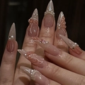 Uñas postizas stiletto 3D sirena con perlas, cadenas de metal y mármol rosa - JP3433 (Estilo de Pegamento)