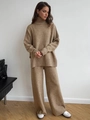 Detail shot of tan knit loungewear set showing fine ribbed texture and premium fabric - S / Camel