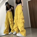 Women's bright yellow high waist cargo wide leg pants with large pockets and drawstring - S / Yellow
