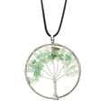 Detailed wire-wrapped Tree of Life pendant with green natural crystal chips and black cord - Green Aventurine